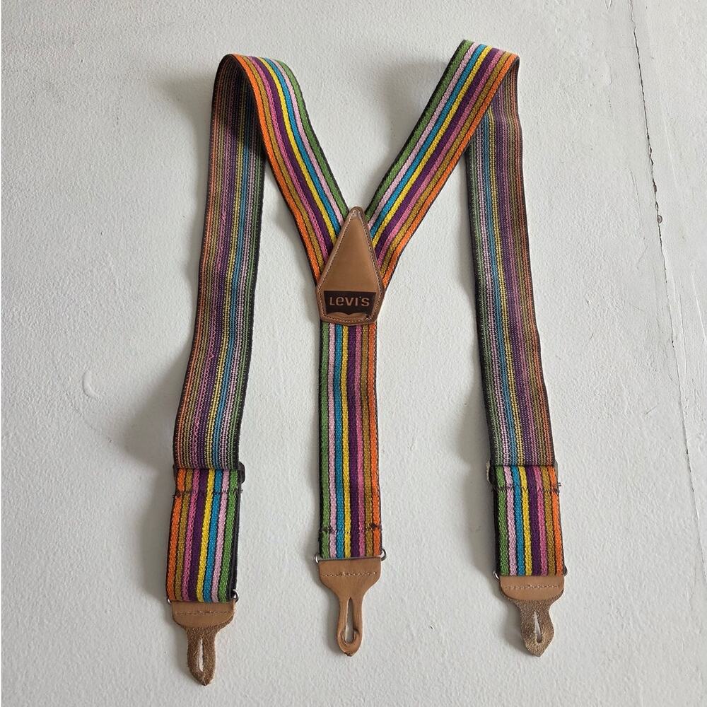 Vintage 80s Levis Rainbow Stripe Suspenders Leather Button Braces